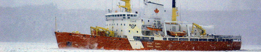 CCGS Des Groseilliers breaks ice on a snowy day in December, on the St Lawrence river near Quebec City, in Canada, photo by Martin Leduc, Dec 2010