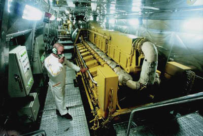 A Cat 3618 in a fast ferry. This picture illustrate well the low head clearance in which these engine need to fit into.