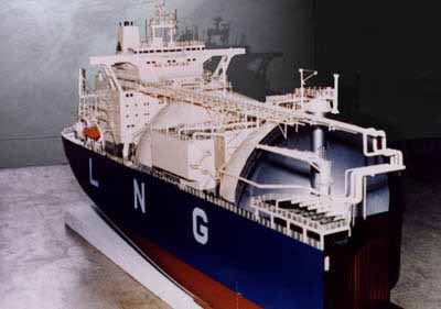A model cutaway of an LNG tanker
