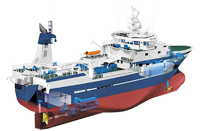 A cutaway illustration of a modern fishing ship